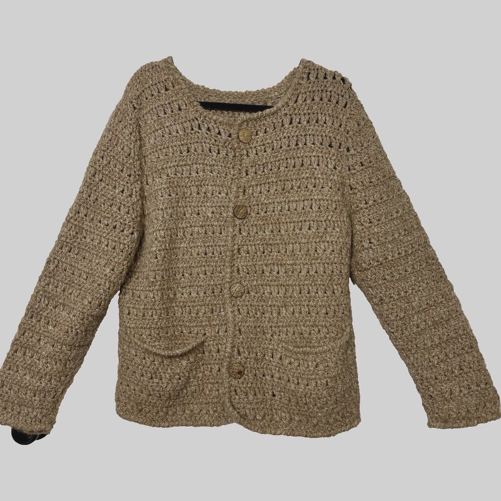 Vtg Chunky Knit Wool Cardigan Sweater Handmade Wood Buttons Soft Cozy Granola